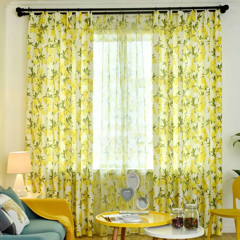 

Pastoral Window Drapes Translucidus Sheers Nordic Style Yellow Lemon Printed Finished Curtains for Children Living Room Bedroom