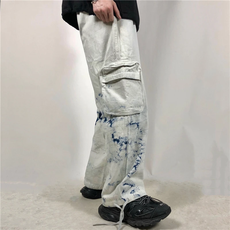 Для мужчин s галстук окрашенные Jogger широкие брюки повседневные боковые карманы свободные брюки эластичная талия мужские уличные хип хоп свободные джинсы