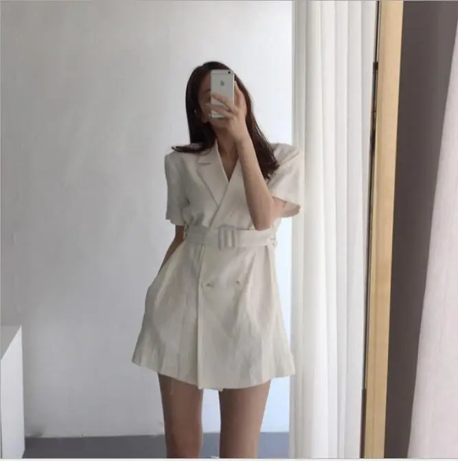New 2020 Summer Women's Blazers Casual Double Breasted Jackets Notched Lace Up High Waist Pockets Short Tops suit jacket CL387