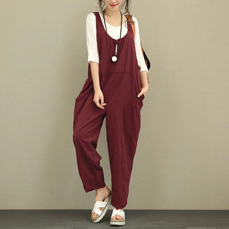 

2019 New Retro Cotton Linen Rompers Womens Jumpsuits Female Backless Overalls Playsuit Plus Size Pantalon