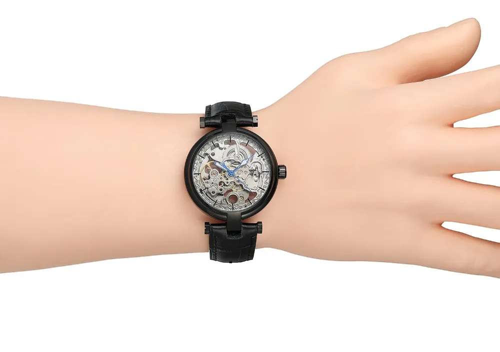 Новые прозрачные автоматические механические часы для мужчин, подарок, часы с плавающим облаком, модный дизайн, черные кожаные мужские наручные часы