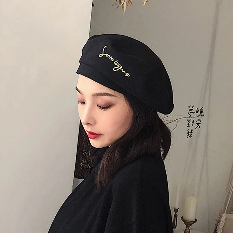 K97 Women Hat Beret Letter Embroidery Four Seasons Japanese British