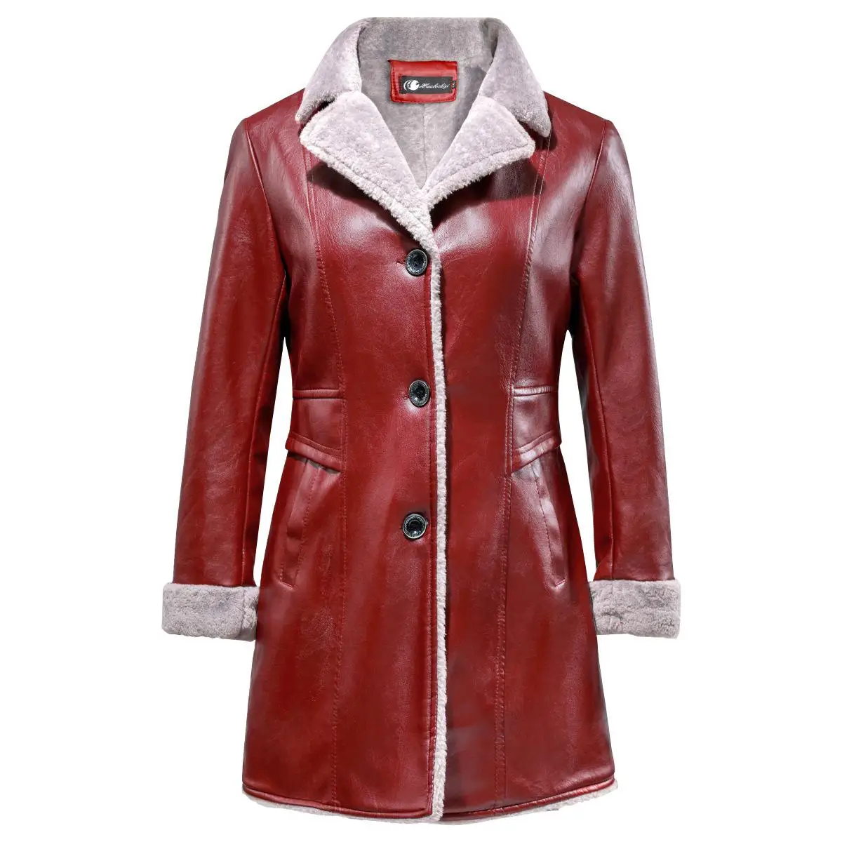 New Autumn Winter Warm Long Leather Jacket Fashion Women Slim Turn Down Collar Faux Wool Liner Leahter Caots Pvc Outerwear - Цвет: 2