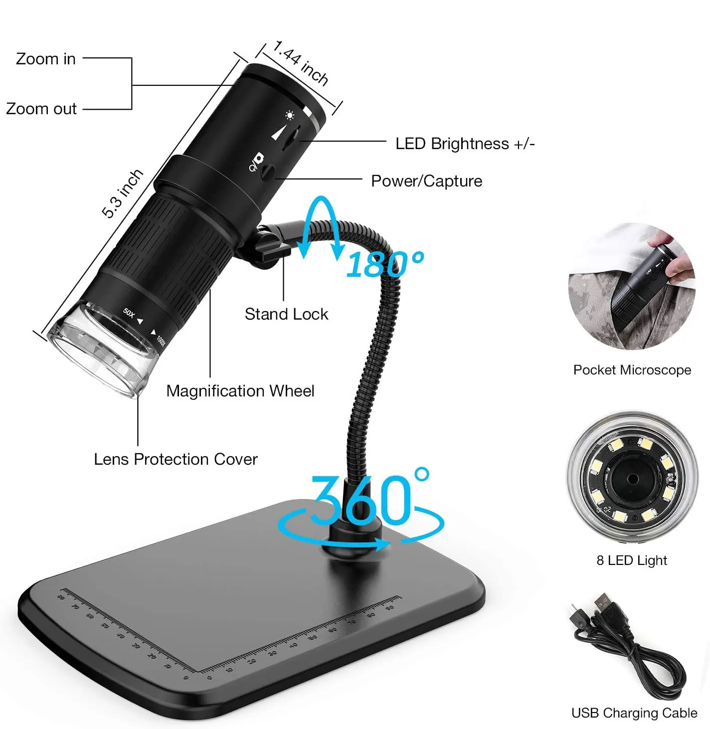 Microscope numérique sans fil, mini microscope portable USB avec  grossissement de 50x à 1000x, 8 lumières LED WiFi avec Android, iPhone,  iPad