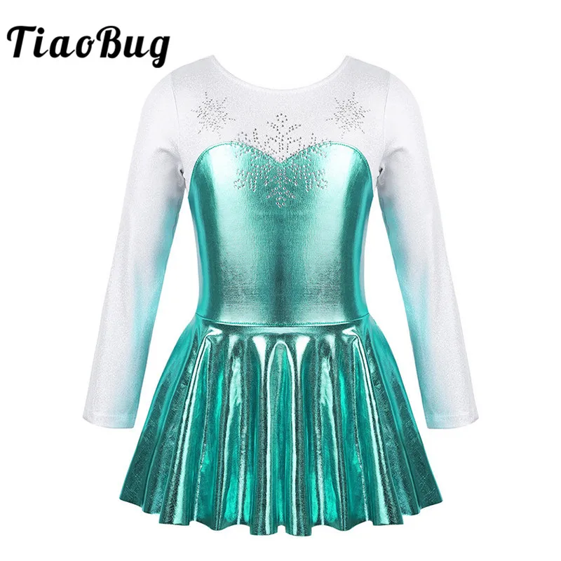 TiaoBug/Детская Одежда для танцев с длинными рукавами; блестящие стразы; гимнастическое трико со снежинками; танцевальный костюм для балета; платье для фигурного катания