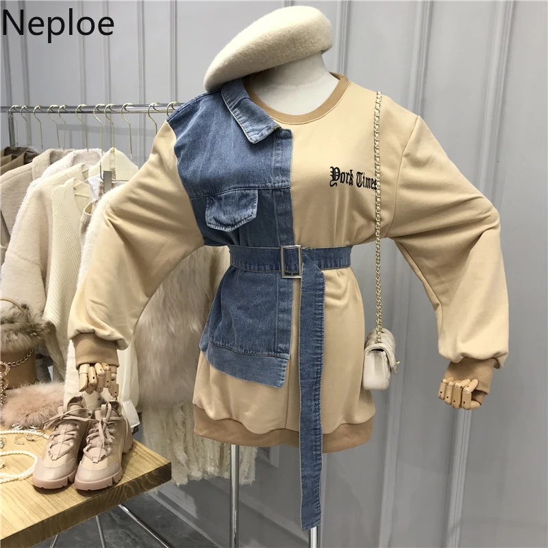 Neploe пуловер с круглым вырезом и буквенной вышивкой, толстовки, модный джинсовый лоскутный тонкий приталенный пояс, толстовка с длинным рукавом, Женский Топ 48033