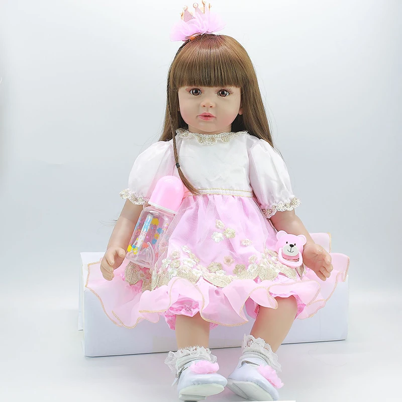 

60CM Reborn Baby Doll Toy Soft Silicone Pink Princess Dress Cloth Body Long Hair Realistic Newborn Baby Doll Toddler Kids Gifts