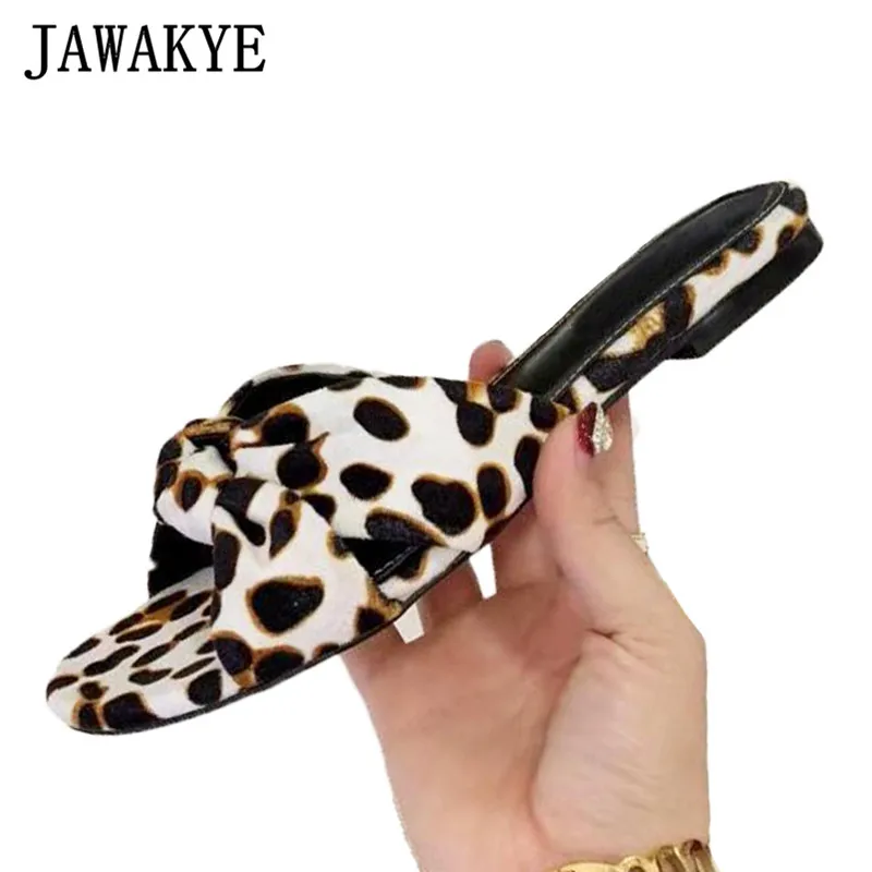 

JAWAKYE Leopard Flat Slippers For Women Bowknot Open Toe Beach Shoes Comfort Real Leather Mules Casual Summer Slides Flipflops