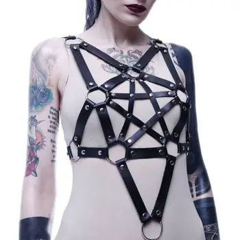 

Women Men Gothic Punk Chest Body Harness Faux Leather Adjustable Waist Belt Suspenders Hollow Out Pentagram Star Rave Outfits