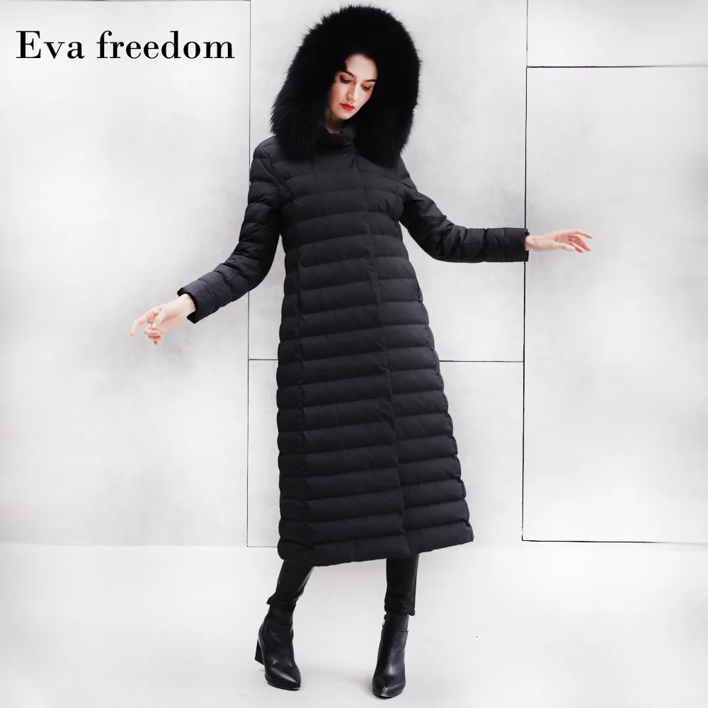 Winter warm over knee length loose women down coat hooded raccoon fur hooded down jackets women winter 19008