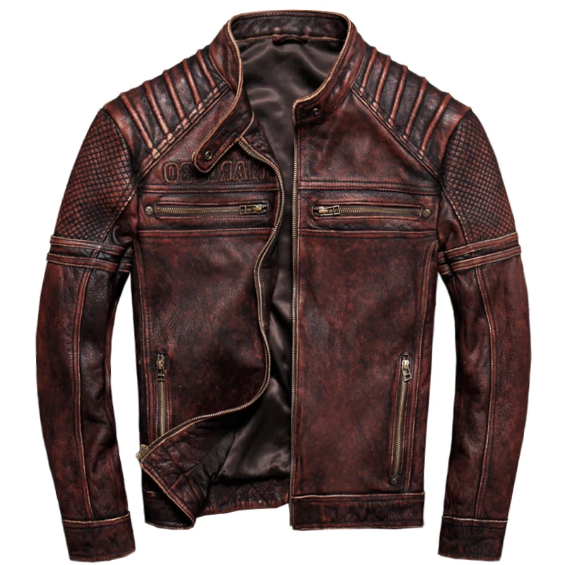 

2020 Vintage Brown Men American Motorcycle Leather Jacket Plus Size XXXXXL Genuine Cowhide Slim Fit Biker's Coat