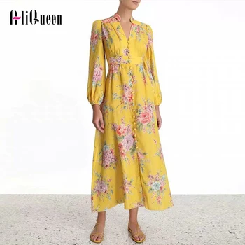 

2020 Spring Women Yellow Single Breasted V Neck Midi Runway Dress Elegant Retro Ladies Floral Print Lantern Sleeve Party Dresses