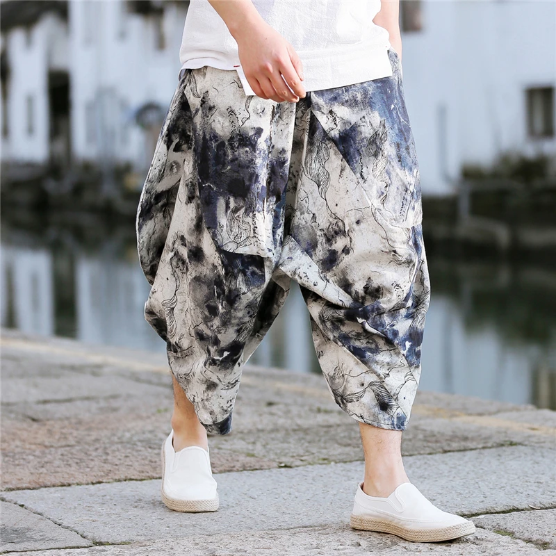 Mens Pants Linen Beach Pants Loose Embroidery Harem Pants Hip Hop Casual Streetwear Men Clothes New Summer Trousers Big Size