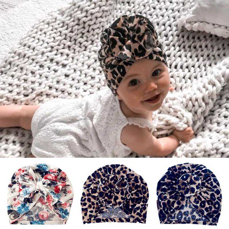 Baby Hat Bonnet-Cap Photography-Props Newborn Turban Knot Printed Leopard Flower Boy Beanie
