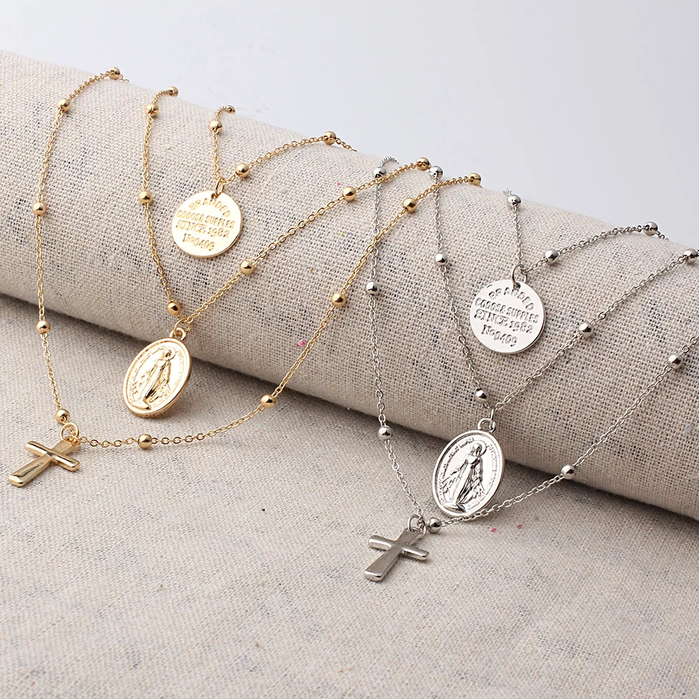 FINE4U N269 Multi-Layer Cross Virgin Mary Pendant Necklaces Stainless Steel Beads Necklace Crucifix Rosary Jewelry
