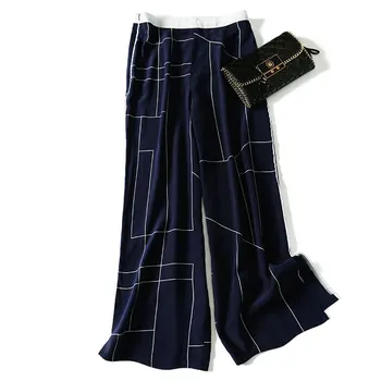 

New 2020 blue and white straight line silk wide legged pants show thin silk commuter trousers slacks OL joker