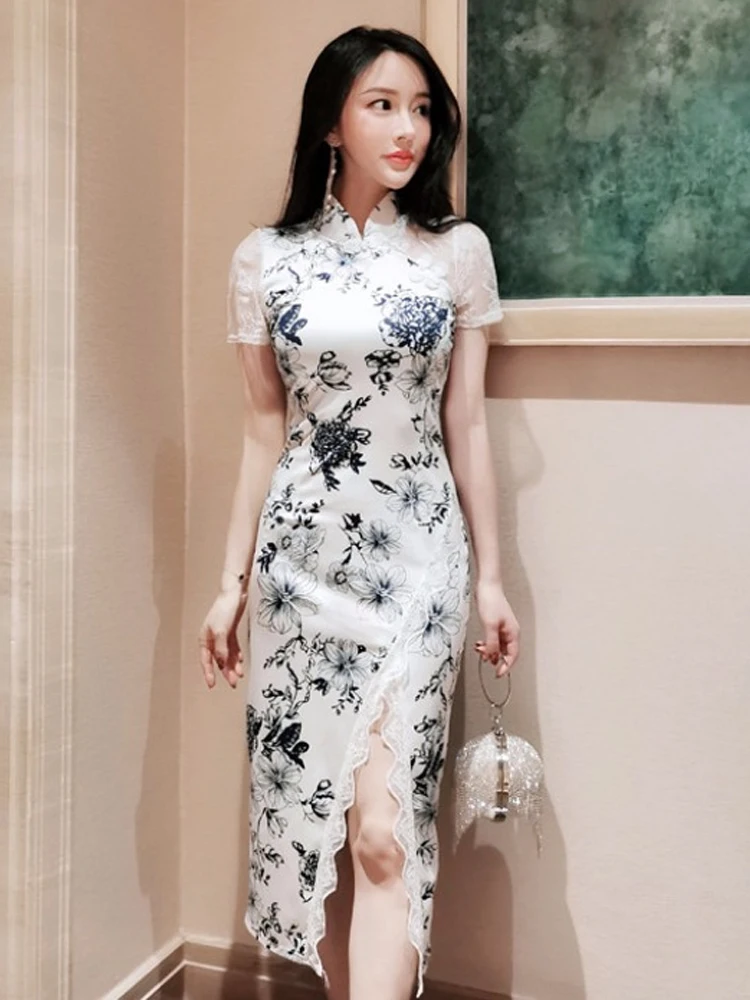 Женское китайское платье Элегантное Длинное qipao цветочный принт высокое платье Ципао с разрезом вечернее платье cheongsam сексуальное кружевное qipao платье
