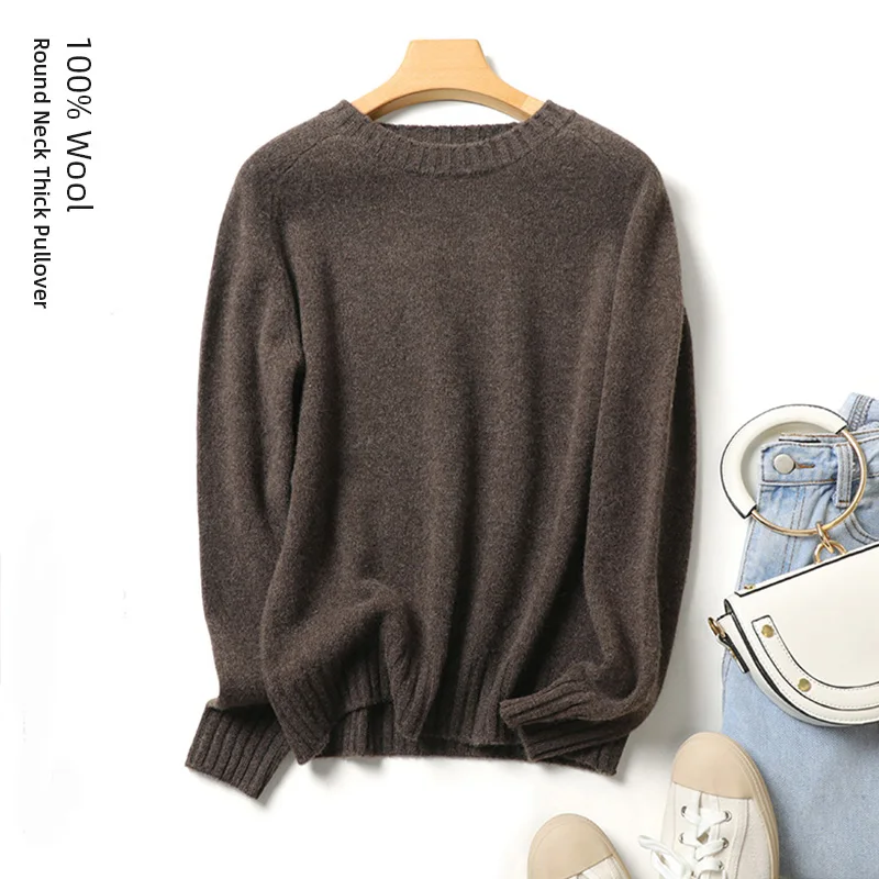 2020 Wool Sweater Saddle Shoulder Women's O-Neck Thick 100% Fine Pullover O-neck Needles Soft Warm Jumper | Женская одежда