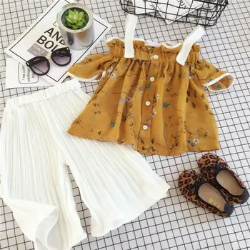 

2019 Boho Kids Baby Girl Sets Summer Clothes Shoulderless Strap Floral Tops+Wide Leg Pleated Pants 2Pcs Girls Outfits 1-6Y