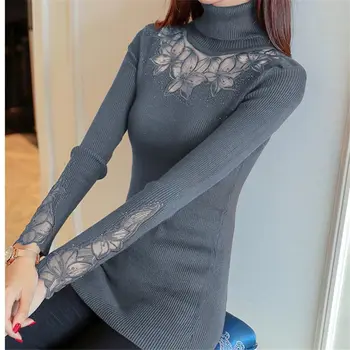 

Fashion Korea Autumn Winter Turtleneck Pullovers Sweaters Women Gray Embroidery Lace Hollow Knitted Slim Sweater Female Tops