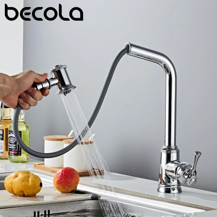 BECOLA Black&Chrome 360 Degree Kitchen Faucet  Single Handle Cold and Hot Water Mixer Brass Pull Out Spout Kitchen Tap BR-8345