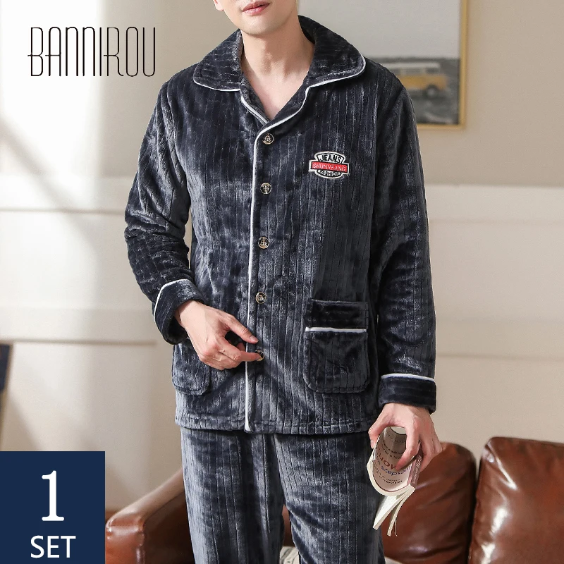 

BANNIROU Men Pajamas Set Sleepwear Winter Warm Pyjamas Suits Sleepwear Men Velvet Home Clothes 2020