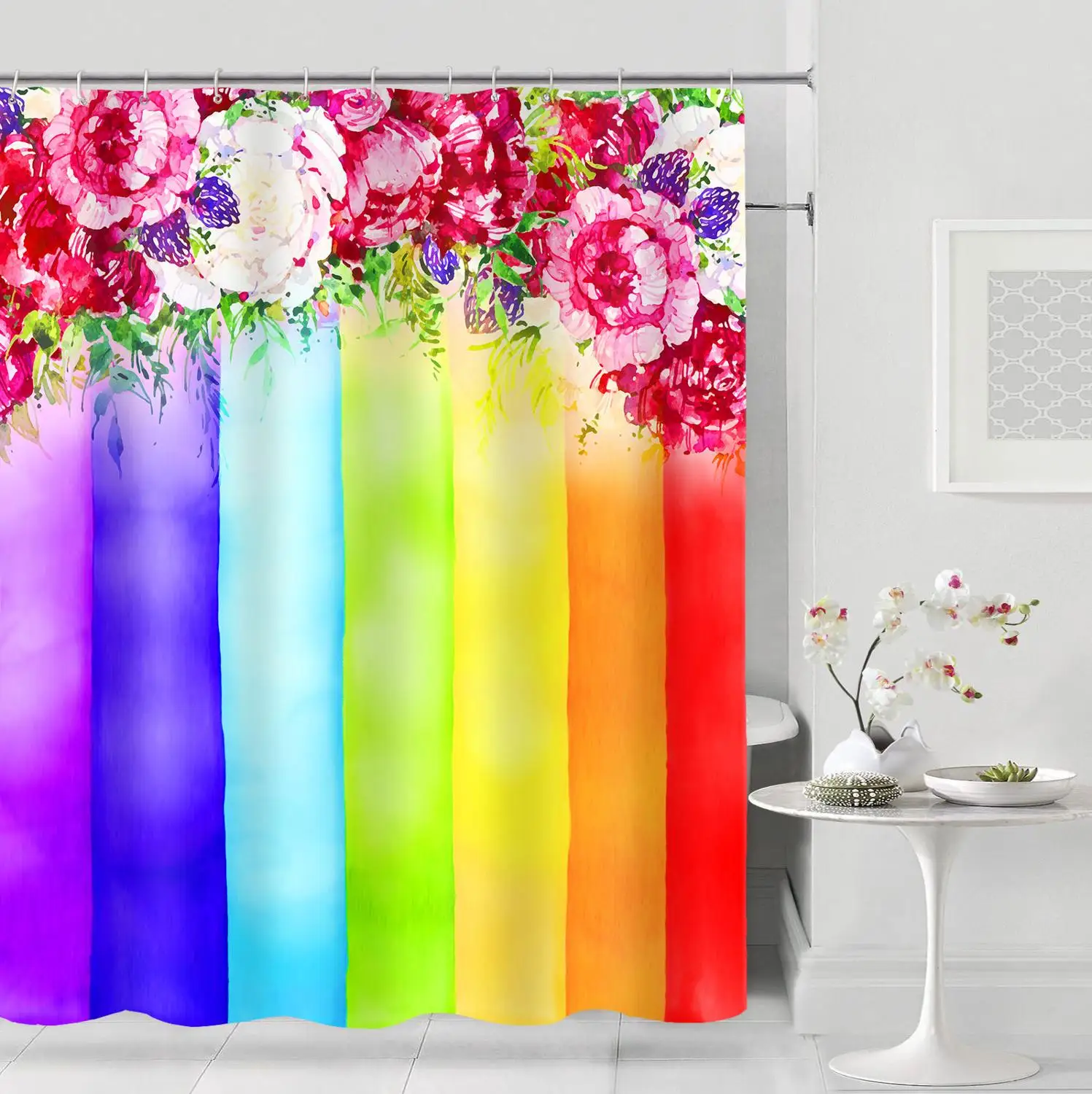 Colorful Rainbow Stripes Pattern Bathroom Curtain Decor Waterproof