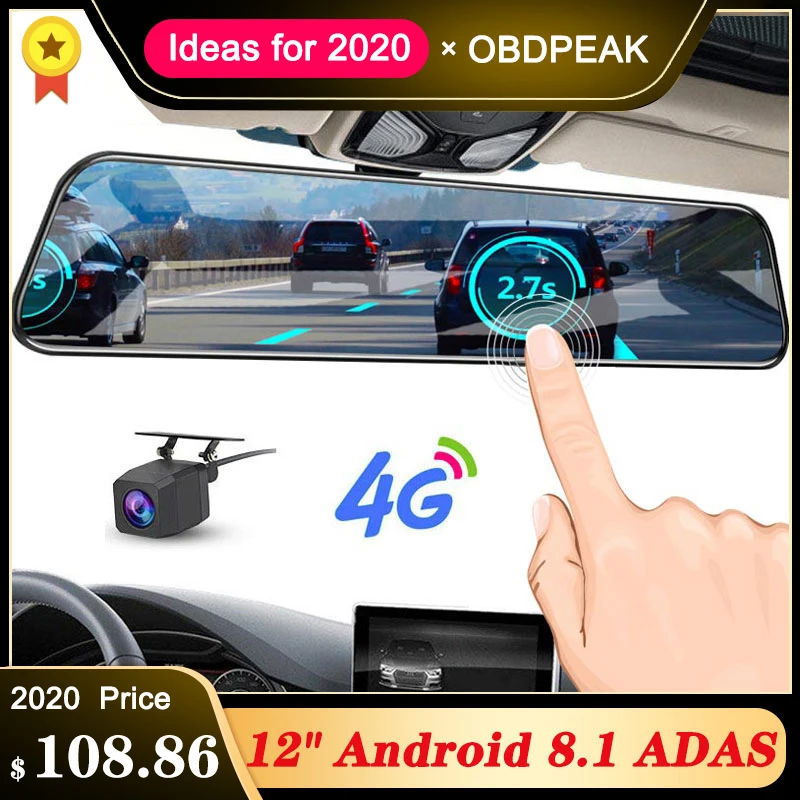 Tanie 2019 12 Cal Android 8.1 samochodowa lustrzanka nawigacja gps Bluetooth FHD lusterko wsteczne z kamerą nagrywarka dvd 4G Wifi ADAS kamera na deskę rozdzielczą