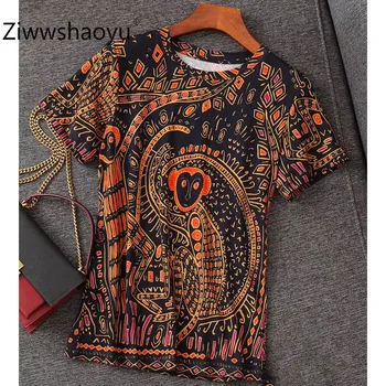 

Ziwwshaoyu Fashion Vintage Animal Totem Print Cotton Short Sleeve Plus Size T Shirts Tops Tees Women's High Quality Clothing