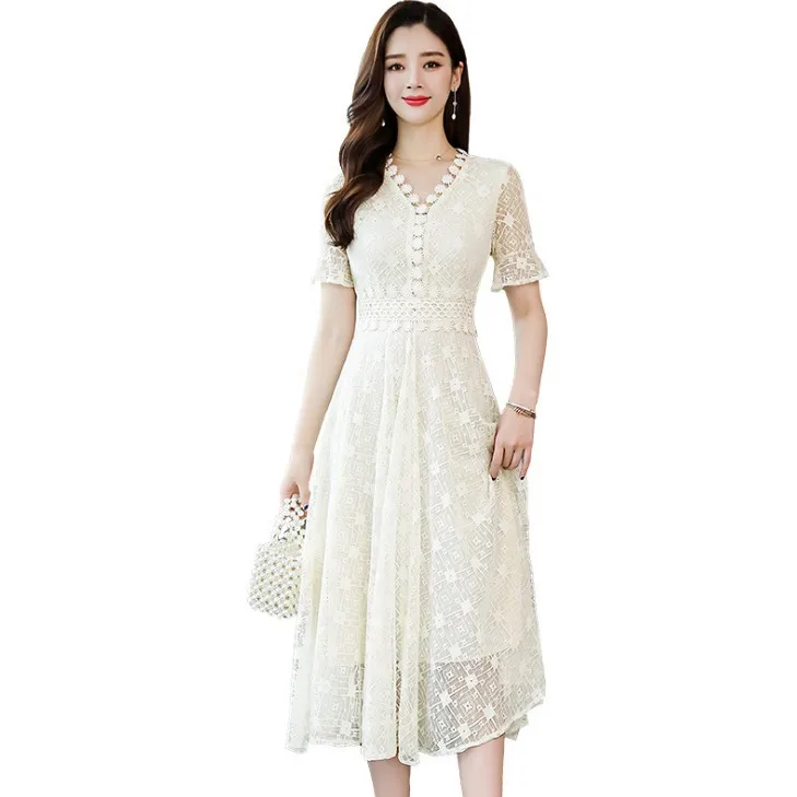 

Women Beach summer dress 2019 temperament v-neck long lace dress for women with short sleeves and lace lace