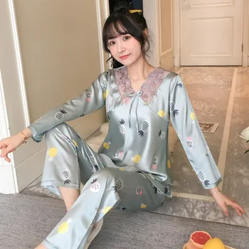 

2019 Autumn Silk Satin Lace Sexy V-neck Pajama Sets for Women Long Sleeve Sleepwear Suit Homewear Pijama Mujer Home Wear Clothes