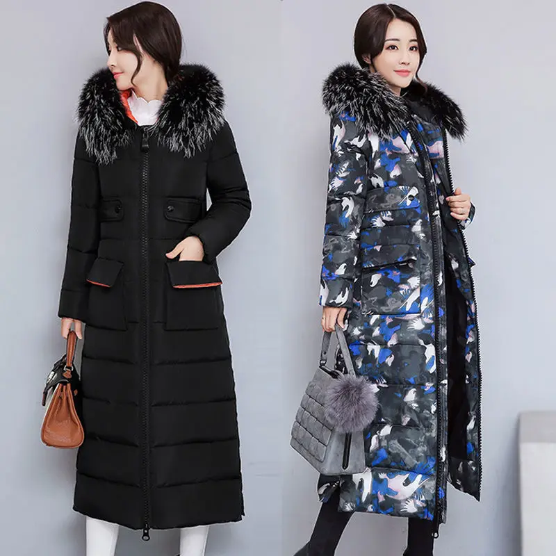 Женская зимняя длинная парка, пальто, куртка с меховым воротником, Abrigos Mujer Invierno, с капюшоном, с цветочным принтом, хлопковая камуфляжная верхняя одежда, Wakeey