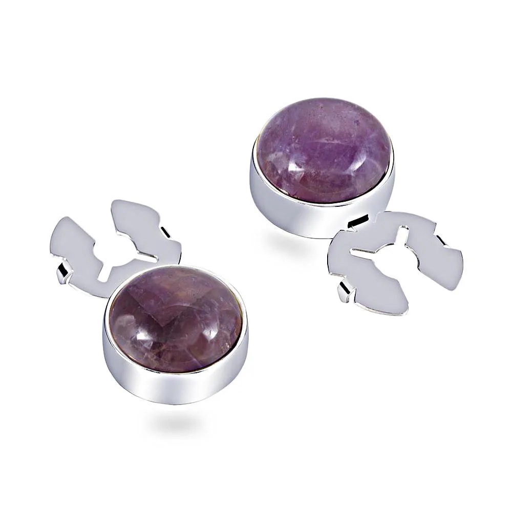

Purple Amethyst Stone Silver Button Cap BUTTON COVER one pair