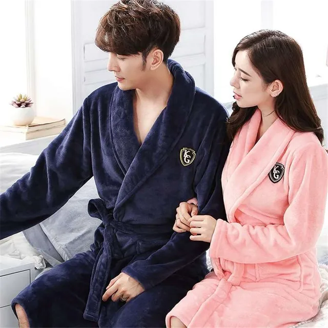 TOPCHANCES Men Women Couple Warm Flannel Shawl Long Bathrobe Lengthen  Thicken Hooded Homewear Sleepwear Kimono Robe Coat , Autumn and Winter 