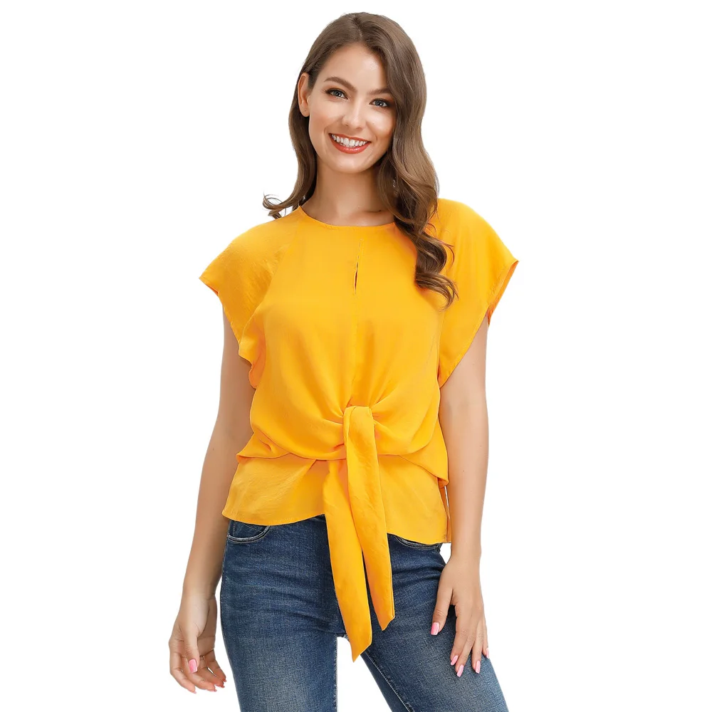 Jasambac 2020 Fashion Tops Women's Summer Short Raglan Sleeve Ladies Scoop Round Neck Tie Details Tops Solid Color High Quality