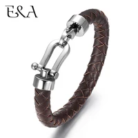Men’s Classic Bracelet Braided Genuine Leather with 316L Stainless Steel Horseshoe Lobster Clasp Handmade Fashion Men Jewelry