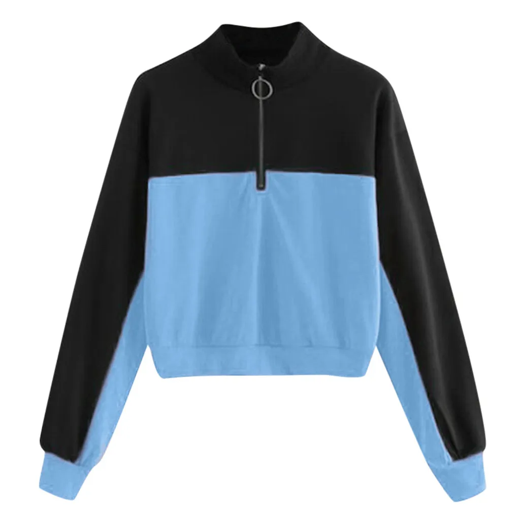 Jaycosin 2019 Fashion Autumn Women Simple Loose Colorblock Zipper Sweatshirt Stylish Long Sleeve Comfortable Casual Blouse 108#4