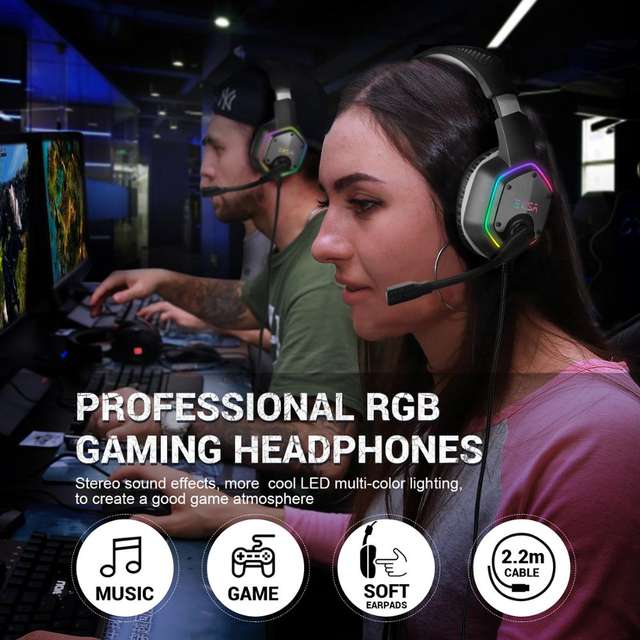 EKSA Wired Gaming Headset E1000 7.1 Surround Sound Headset Gamer PC with Noise Cancelling Mic RGB Light Gaming Headphone For PS4