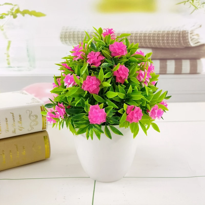 1 Set Artificial Roses Plastic flowers+Vase Bonsai Simulation Decorative small Pot Plants for Home wedding Christmas garden