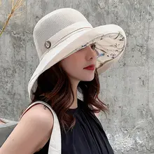 Summer Floral Beach Hat For Women Foldbale Anti-UV Sun Hats Breathable Mesh Lady's Bucket Hat Wide Brim Female Sunscreen Cap