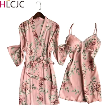 

Women Sexy Lace Silk Robe & Gown Set Sleep Dress+Bathrobe Two Piece Floral Robe Bridesmaid Wedding Sleepwear Femme Home Clothing