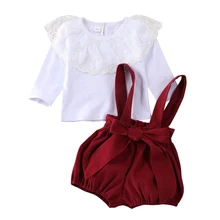 Весенний кружевной топ с длинными рукавами для новорожденных девочек+ шорты на подтяжках, комбинезон, Красный милый комплект одежды