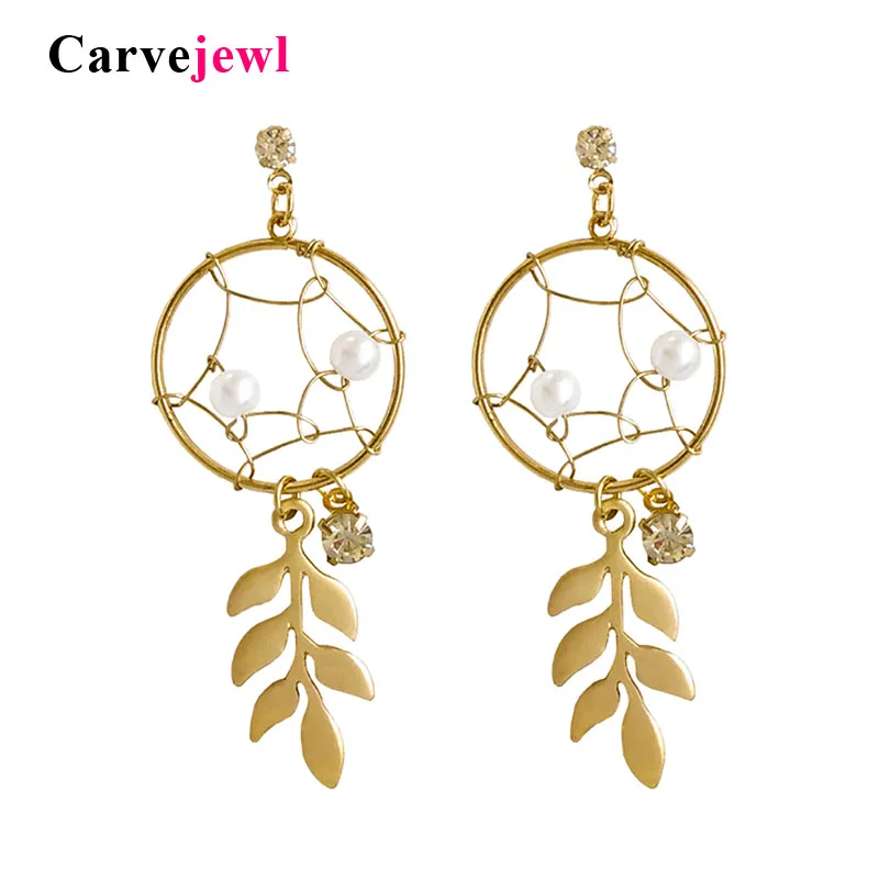 

Carvejewl crystal dangle earrings Temperament simulated pearl dreamcatcher earrings Metal leaves women ear clip without piercing