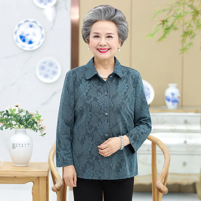 Old-age Autumn Female Tops 60-70 Years Old Mother Blouse Long Sleeve Printed Shirt Grandmother Spring Coat Cardigan Blouse 1485 2