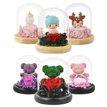 

Cute Unicorn Teddy Bear Rose Flowers with led In Glass Dome Christmas Festival Home Wedding Decoration Birthday Valentine's Day