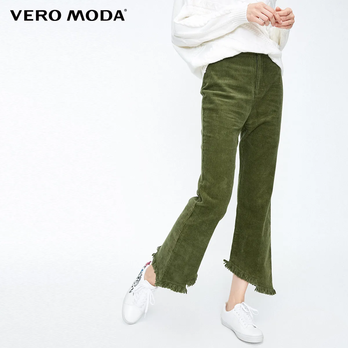 Vero Moda Новые поступления Национальный стиль необработанные манжеты Высокая талия повседневные укороченные брюки | 318450507 - Цвет: Rifle green