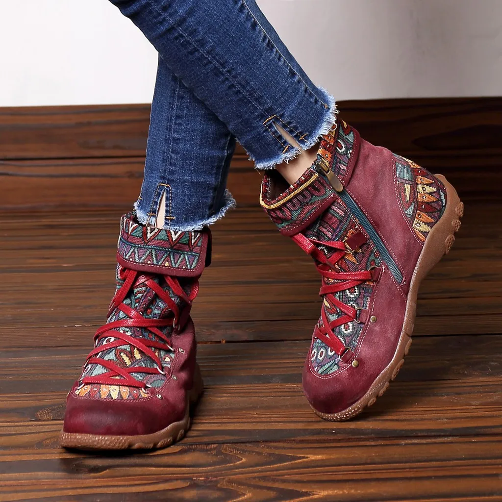 

Women's Vintage Leisure Booties Embroidered Stitching and Ankle Boots Comfortable Flat 2019 Winter Large size strappy booties