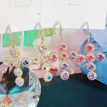 

Korean Luxury Shiny Rhinestone Circle Hoop Earrings For Women Girls Cross Colorful Crystal Geometric Brincos Jewelry