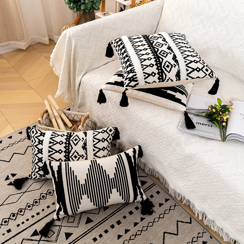 Black White Geometric Tassels Cushion Cover 45x45cm Tufted Cotton