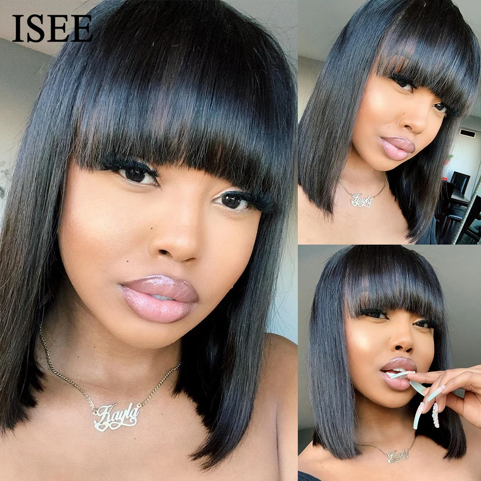 ISEE HAIR Machine Made Sew In Short Bob Wig With Bangs Human Hair Wigs  Brazilian Straight Wig with Bang For Women Glueless Wigs - AliExpress, image size:940x940